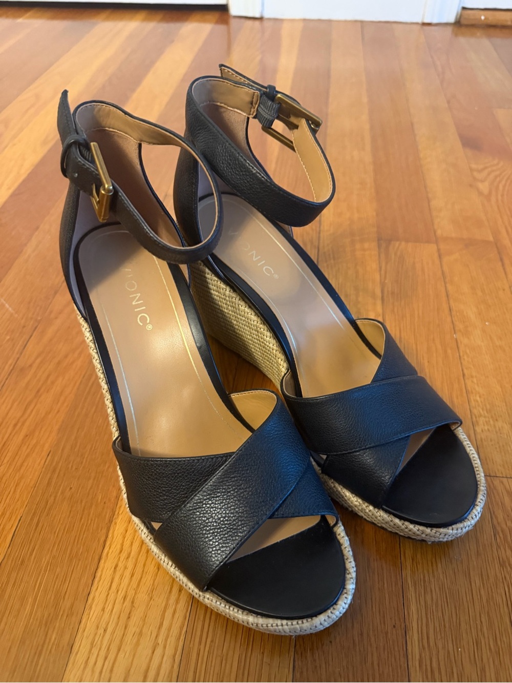 Vionic Marina Black Leather Wedge Sandals
